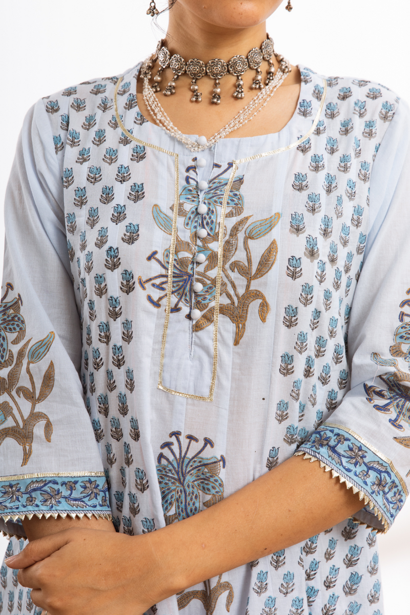 Neeleshwari- blue hand block printed cotton kalidar set cotton by Maison Shefali in blue color for women Worldwide