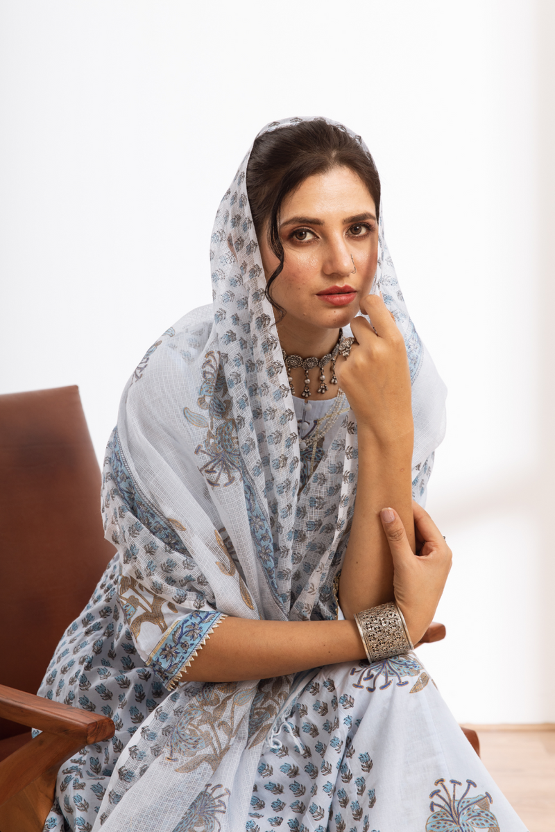 Neeleshwari- blue hand block printed cotton kalidar set cotton by Maison Shefali in blue color for women Worldwide