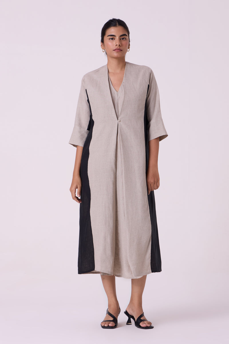 Kaku Beige Linen Panelled Midi Dress linen dress by The Summer House in beige for women Worldwide