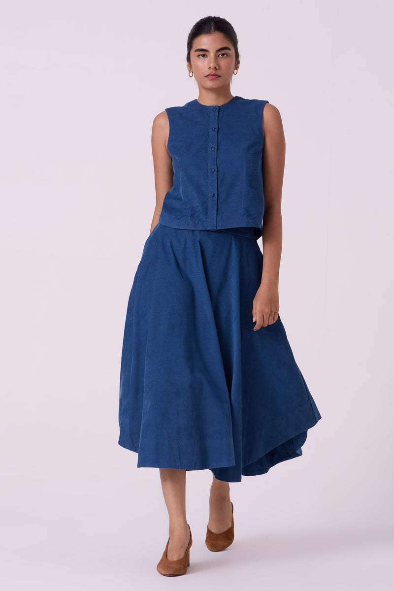 Boga Blue Needlecord Skirt cotton corduroy skirt by The Summer House in blue for women Worldwide