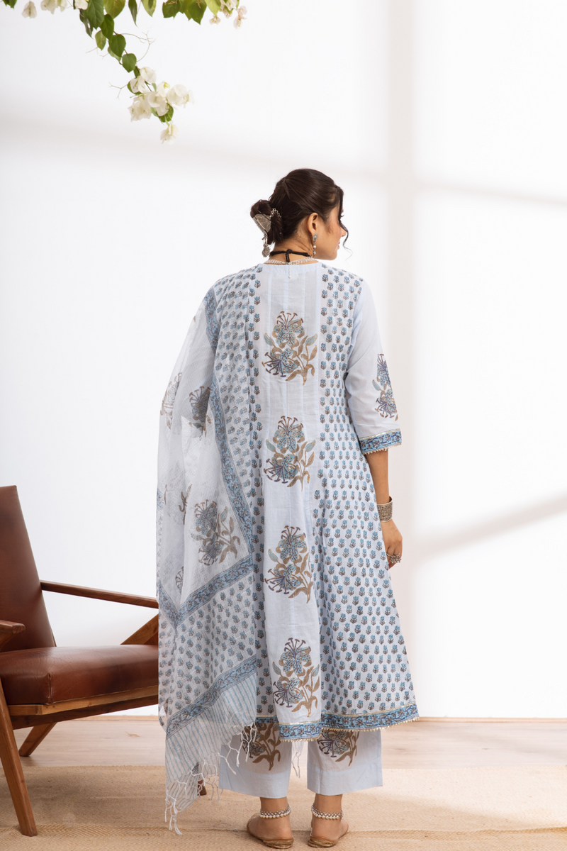 Neeleshwari- blue hand block printed cotton kalidar set cotton by Maison Shefali in blue color for women Worldwide