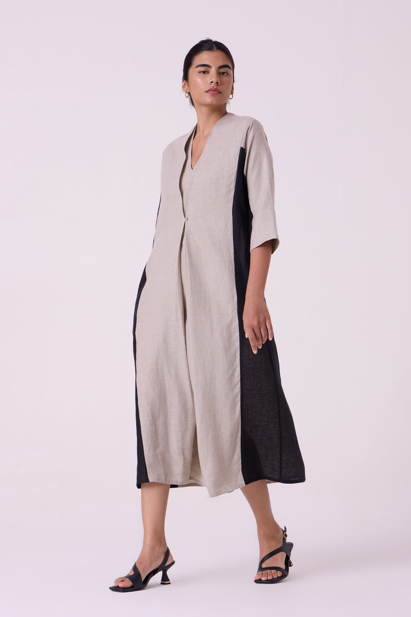 Kaku Beige Linen Panelled Midi Dress linen dress by The Summer House in beige for women Worldwide