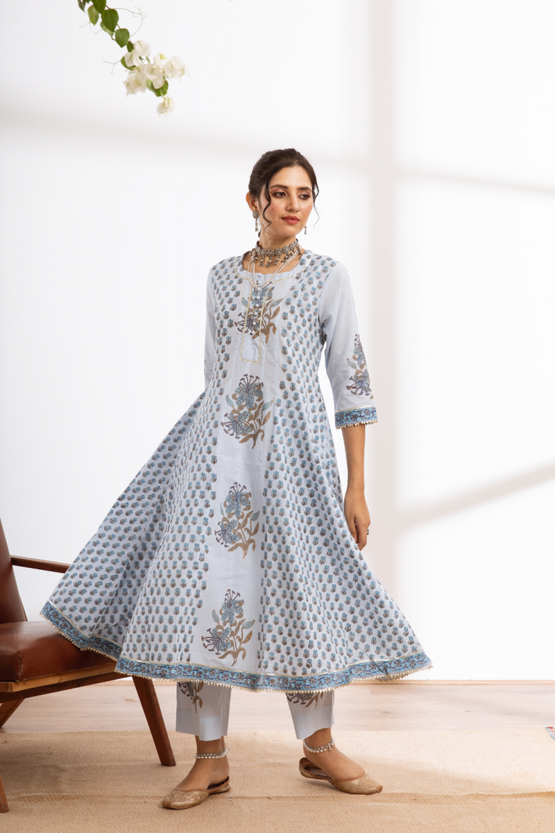 Neeleshwari- blue hand block printed cotton kalidar set cotton by Maison Shefali in blue color for women Worldwide
