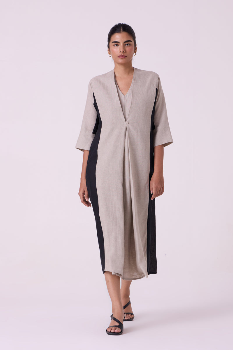 Kaku Beige Linen Panelled Midi Dress linen dress by The Summer House in beige for women Worldwide
