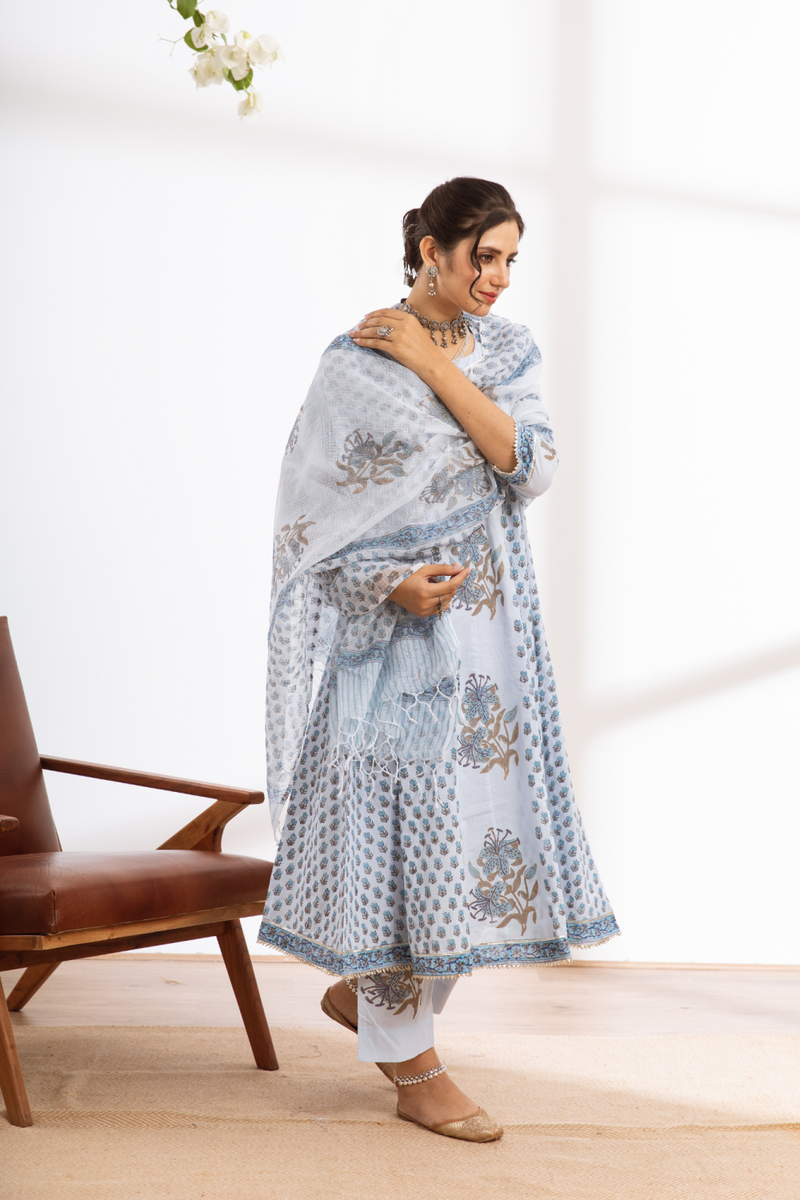 Neeleshwari- blue hand block printed cotton kalidar set cotton by Maison Shefali in blue color for women Worldwide