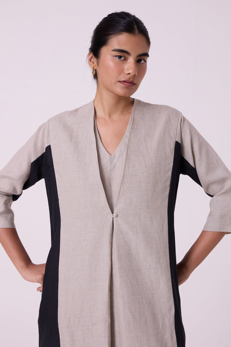 Kaku Beige Linen Panelled Midi Dress linen dress by The Summer House in beige for women Worldwide