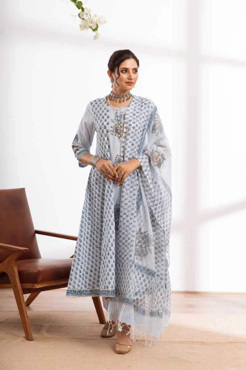 Neeleshwari- blue hand block printed cotton kalidar set cotton by Maison Shefali in blue color for women Worldwide