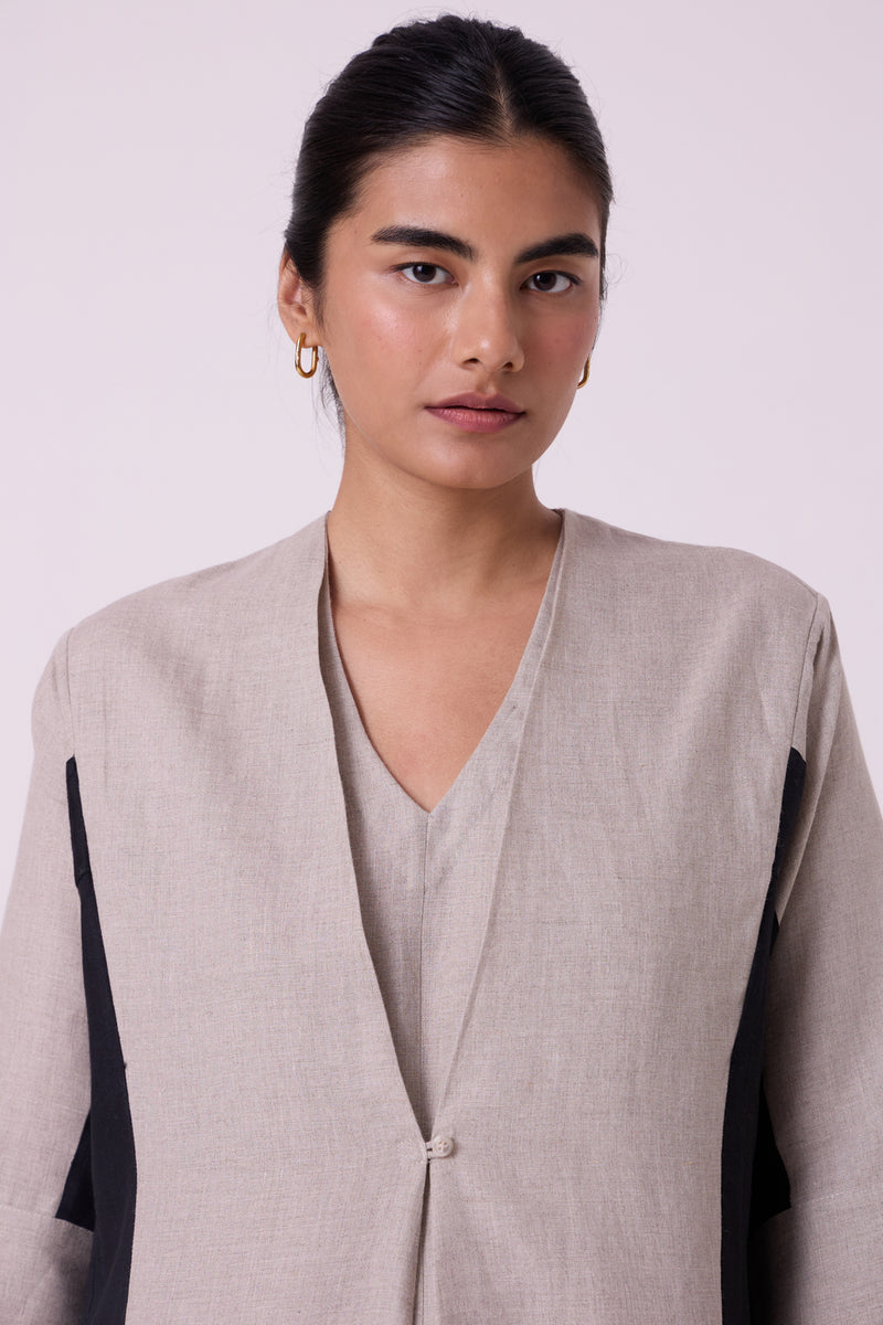 Kaku Beige Linen Panelled Midi Dress linen dress by The Summer House in beige for women Worldwide