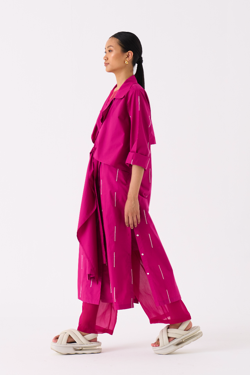 EMB. TIE JACKET CO-ORD 
(SET OF 2)-FUSCHIA poplin by THREE for women Worldwide