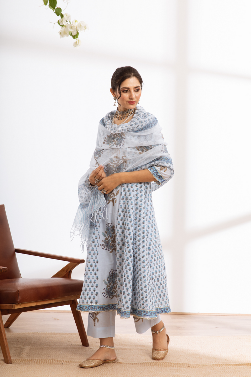 Neeleshwari- blue hand block printed cotton kalidar set cotton by Maison Shefali in blue color for women Worldwide