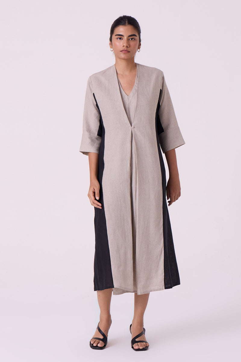 Kaku Beige Linen Panelled Midi Dress linen dress by The Summer House in beige for women Worldwide