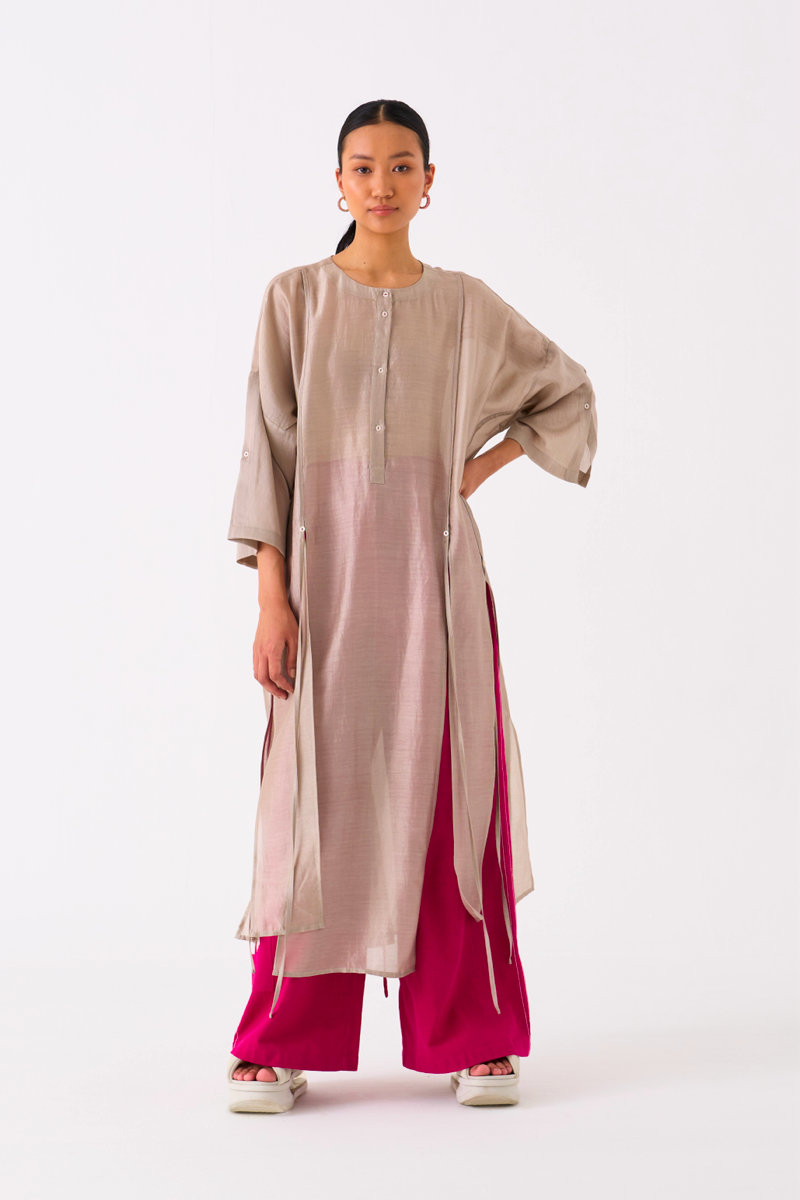 PANELLED TUNIC-ASH GREY chanderi by THREE in grey color for women Worldwide