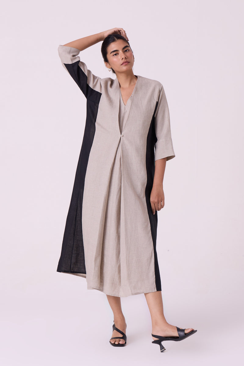 Kaku Beige Linen Panelled Midi Dress linen dress by The Summer House in beige for women Worldwide