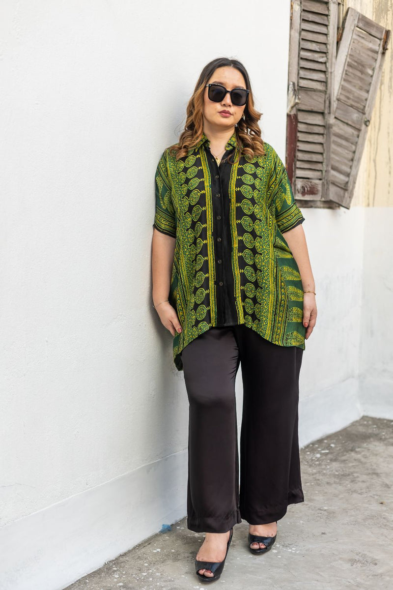 Hyde Green AntiFit Shirt and Pants Two-Piece Set (AJGSHST2) satin by PRAHNAAYA in green color for women Worldwide