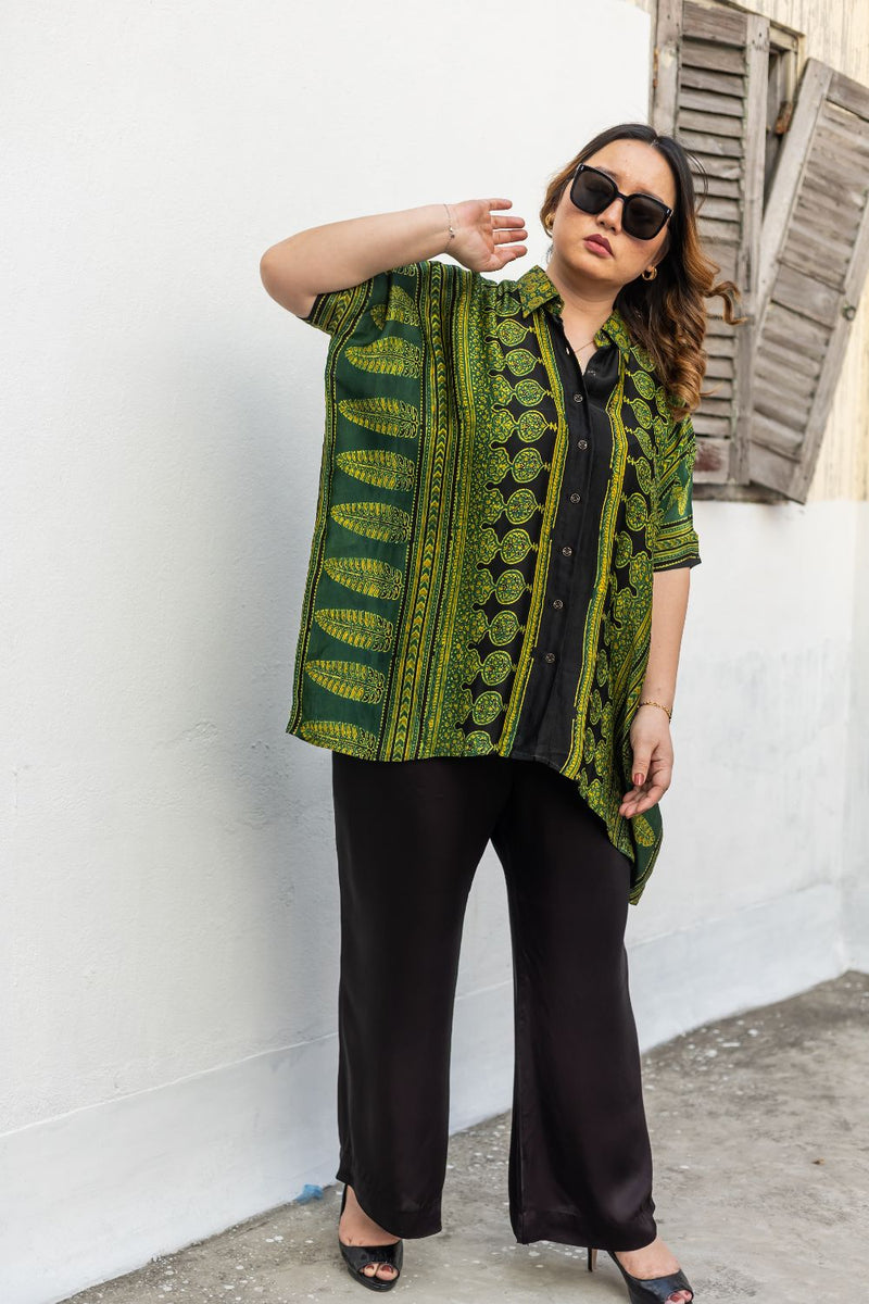 Hyde Green AntiFit Shirt and Pants Two-Piece Set (AJGSHST2) satin by PRAHNAAYA in green color for women Worldwide