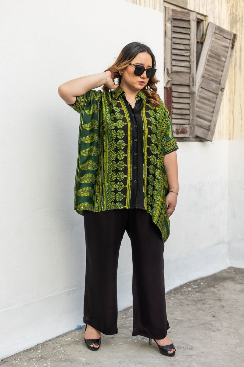 Hyde Green AntiFit Shirt and Pants Two-Piece Set (AJGSHST2) satin by PRAHNAAYA in green color for women Worldwide