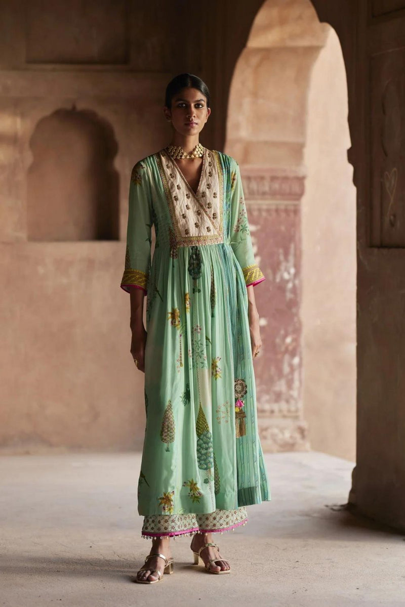 Nadira Powder Blue Pintuck Angrakha Kurta Set by Rajiramniq for women Worldwide