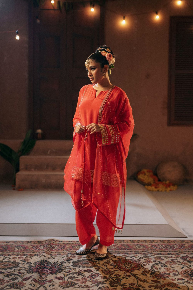 Ramani Salwar Kameez Dupatta Set- Red silk by PRAHNAAYA in red color for women Worldwide