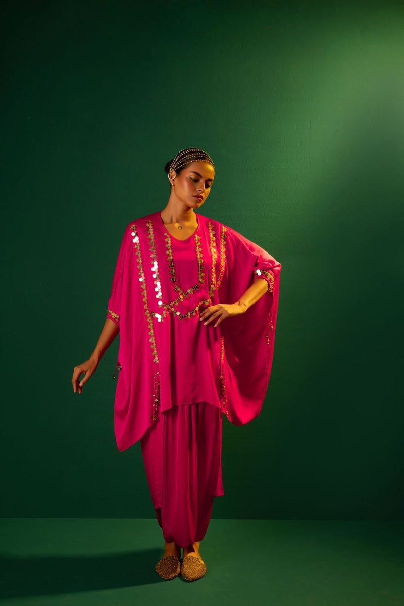 Chamakeen Tora Tunic with Dhoti Skirt satin by PRAHNAAYA in pink color for women Worldwide