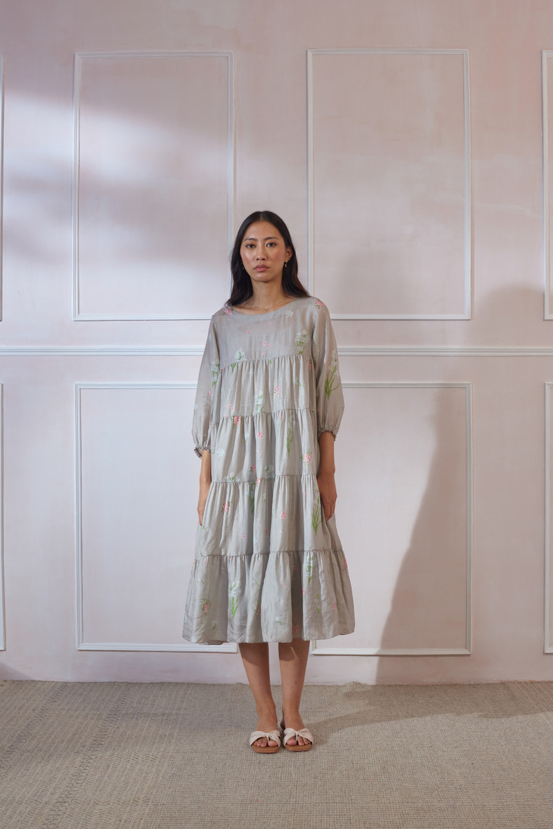 Rajnigandha Silk Tier Midi Dress silk by Nadiya Paar in grey color for women Worldwide