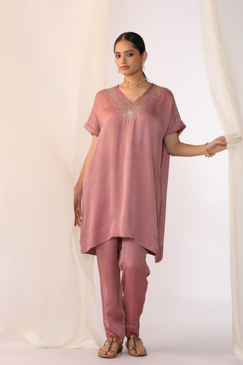Linen satin co-ord set with knot handwork embroidery satin by Myoho in pink color for women Worldwide