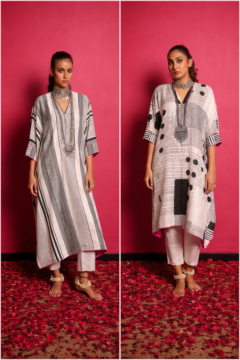 Black/White Silk Zipper Kurta & Pant Set-Geometric Print silk by Sabo by Sabina for women Worldwide