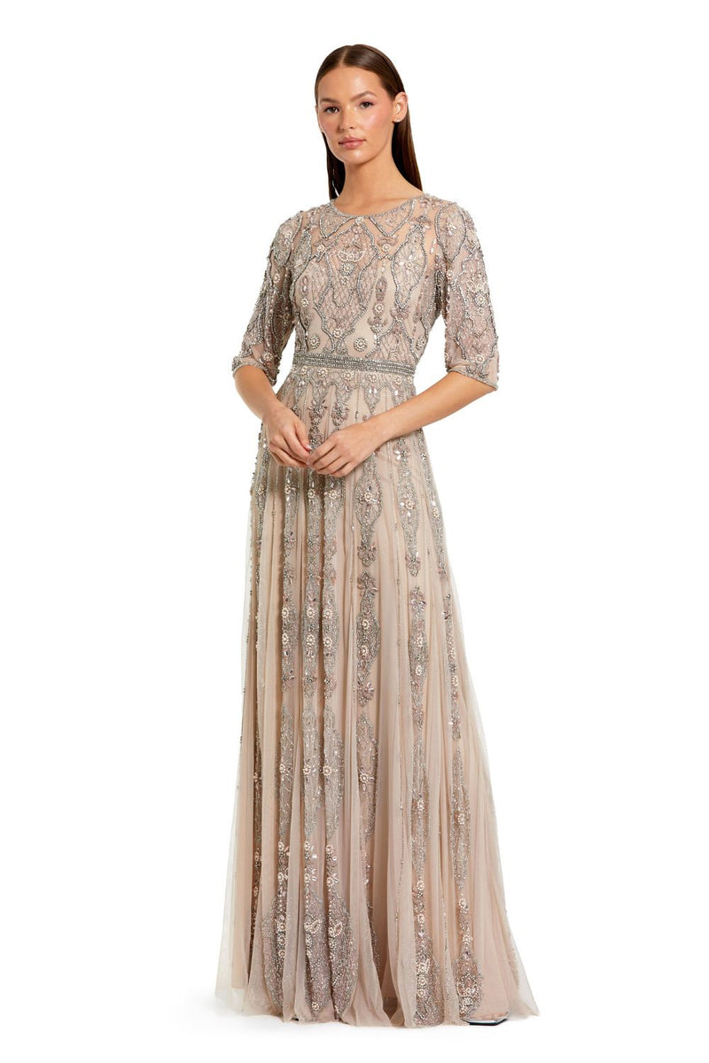 10115-Beige 3/4 Sleeve Embellished A-line Gown by Mac Duggal for women Worldwide