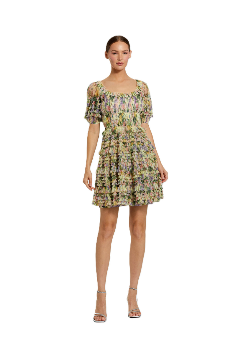 8327 - Multicolor Floral Puff Sleeve Ruffle Mini Dress polyester cocktail/party dress by Mac Duggal in yellow for women Worldwide
