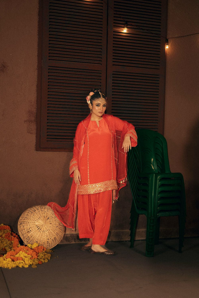 Ramani Salwar Kameez Dupatta Set- Red silk by PRAHNAAYA in red color for women Worldwide