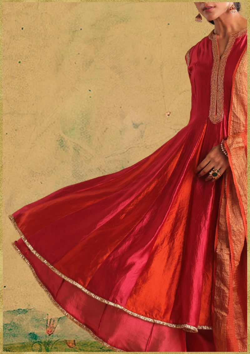 Gulal Kurta Set (MYO-2469- Dwarka) chanderi by Myoho in red color for women Worldwide