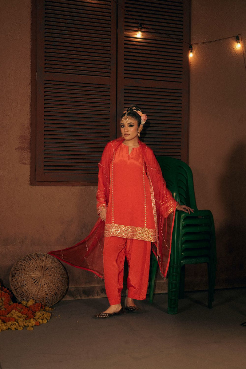 Ramani Salwar Kameez Dupatta Set- Red silk by PRAHNAAYA in red color for women Worldwide