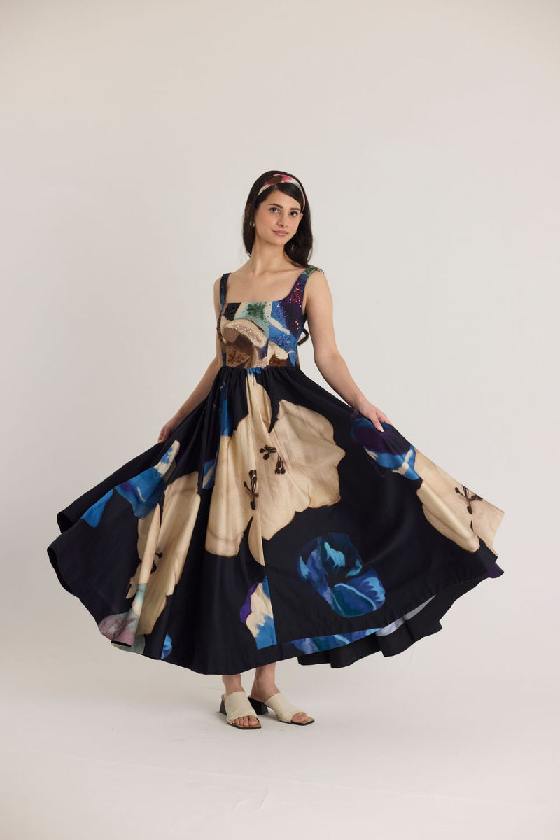 ROCCO EMBROIDERED DRESS satin by Yam in black color for women Worldwide