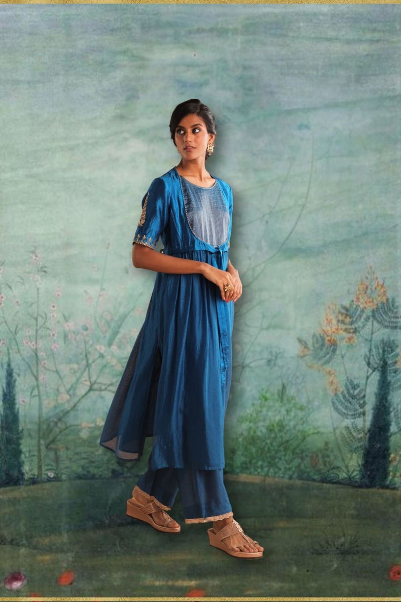 Peacock Blue Kurta Set by Myoho in blue color for women Worldwide