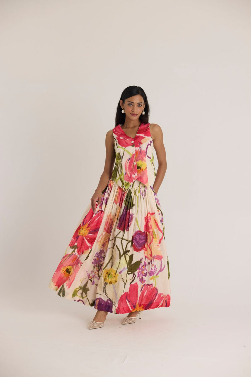 DOLLY WHITE WAISTCOAT & SKIRT SET cotton by Yam in multi color for women Worldwide