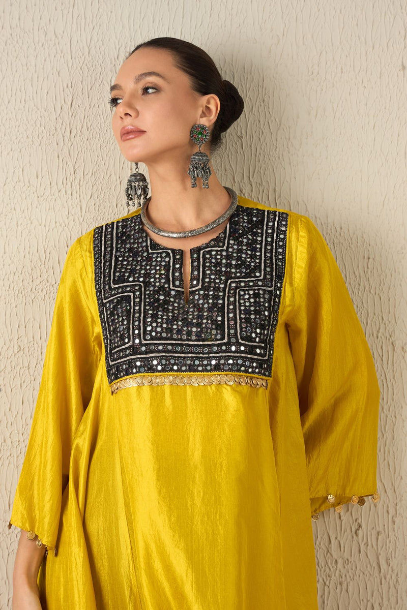AFGHANI SILK SET - Yellow upper, Purple pants silk by Aavidi in yellow color for women Worldwide