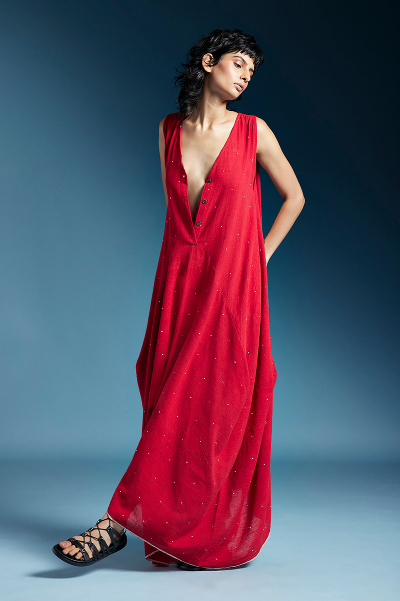 Auburn Dress-Red cotton by Chola in red color for women Worldwide