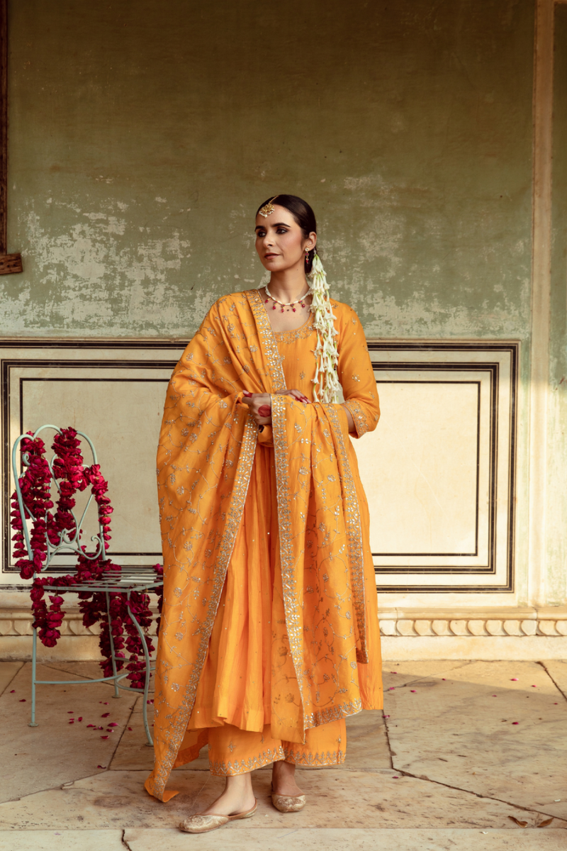Yellow Zardozi & Gota Patti Kalidar Set silk by Maison Shefali in yellow color for women Worldwide