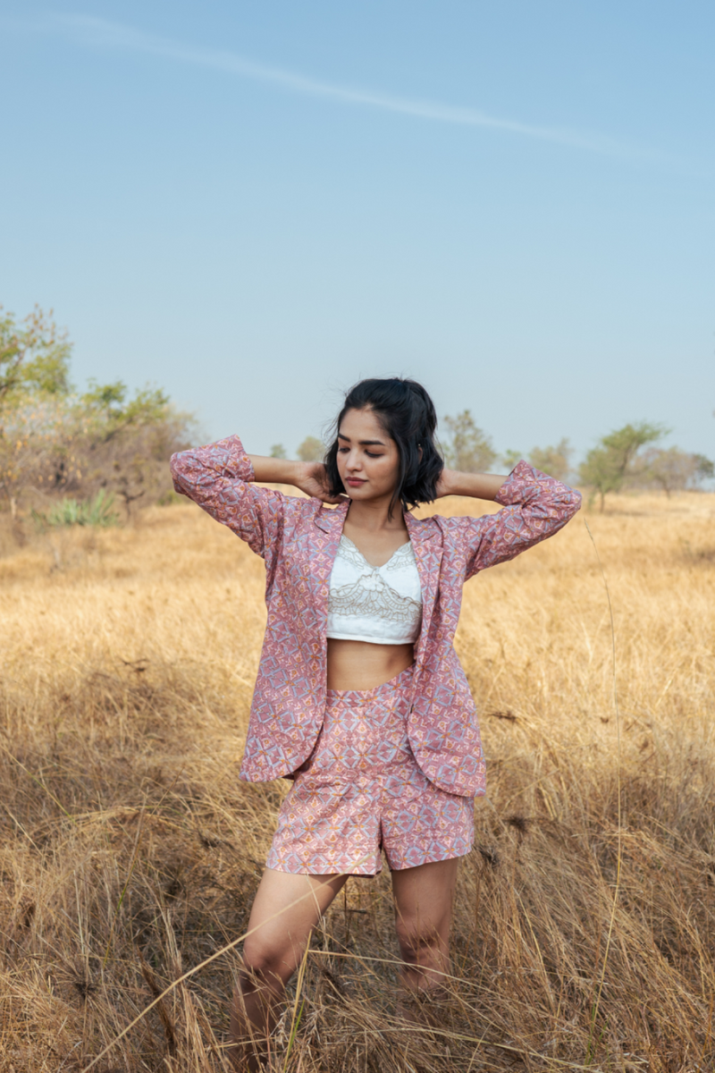 Pondi Co-Ord Set - Handblock Printed Cotton Co- Ord Set cotton by Marche in peach color for women Worldwide