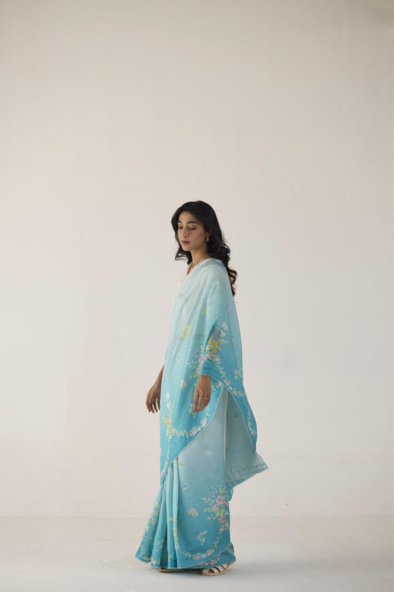 Clover Field Mulberry Organza Silk Sari-Blue Ombre organza by Nadiya Paar in blue color for women Worldwide
