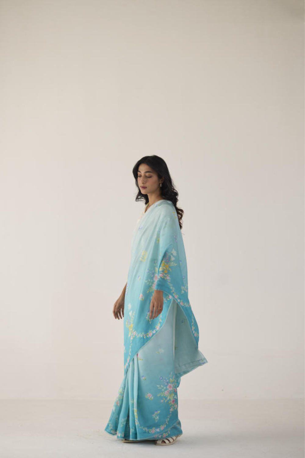 Clover Field Mulberry Organza Silk Sari-Blue Ombre