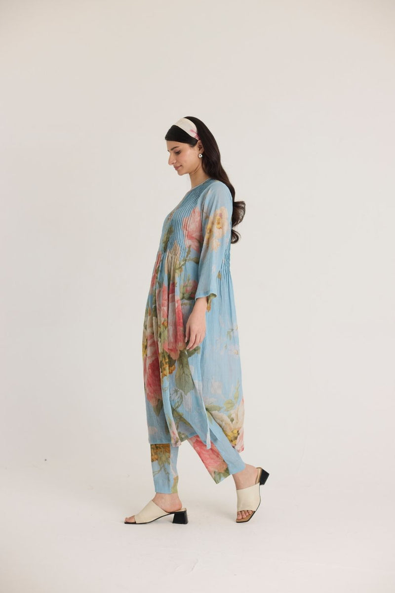 TAFFY PINTUCKS KURTA SET cotton by Yam in blue color for women Worldwide