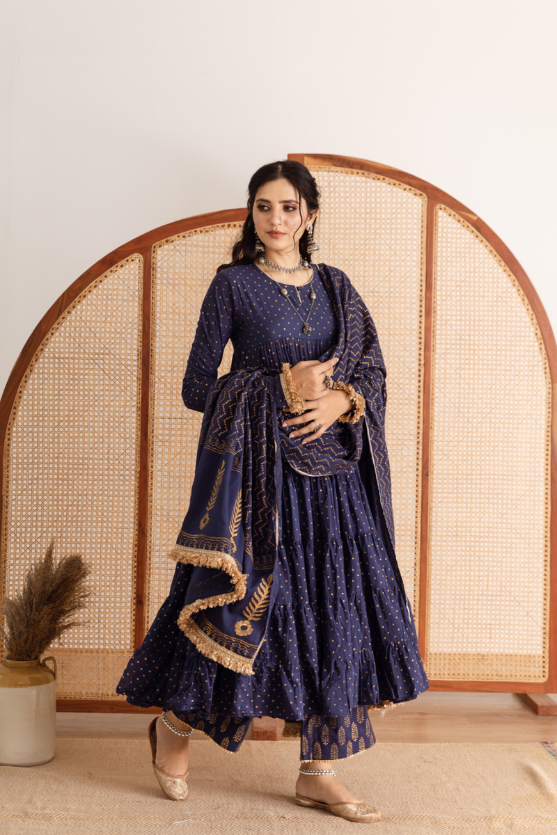 Neela Kurta Set - blue hand printed cotton kalidar suit set cotton by Maison Shefali in blue color for women Worldwide