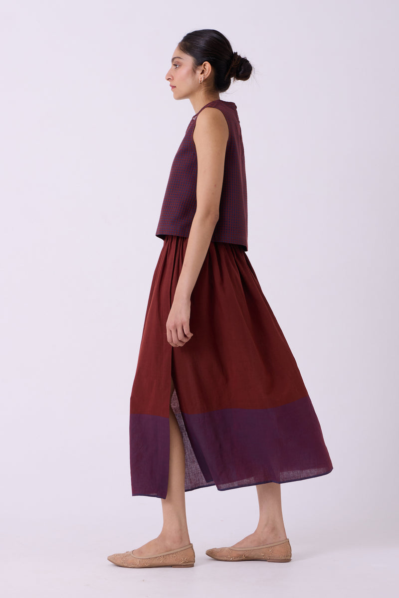 Fuwari Brown Colourblocked Handwoven Midi Skirt handwoven cotton skirt by The Summer House in brown for women Worldwide