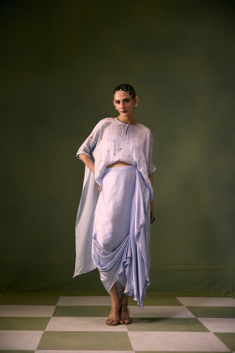 Nexa Ice Blue Antifit Top with Wrap Skirt vegan satin, organza satin indo-western by PRAHNAAYA in sky for women Worldwide
