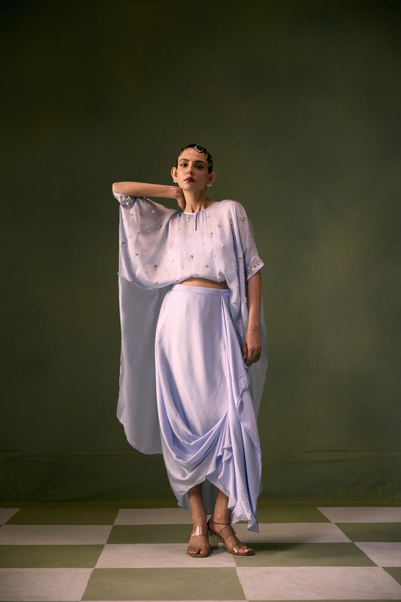 Nexa Ice Blue Antifit Top with Wrap Skirt vegan satin, organza satin indo-western by PRAHNAAYA in sky for women Worldwide