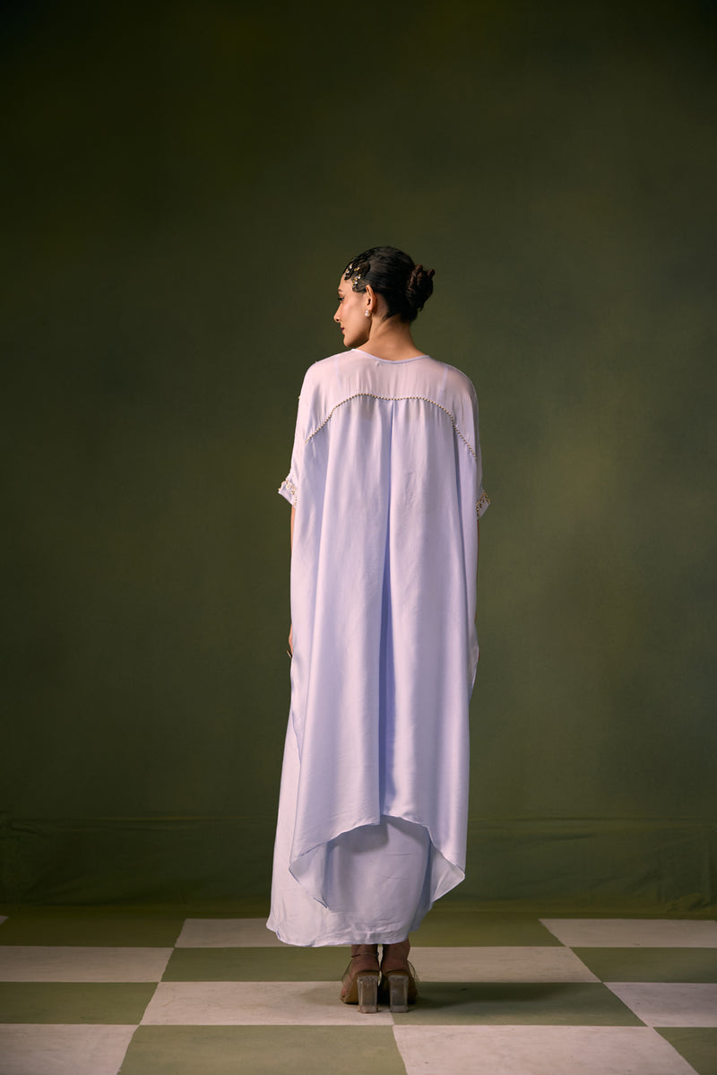Nexa Ice Blue Antifit Top with Wrap Skirt vegan satin, organza satin indo-western by PRAHNAAYA in sky for women Worldwide