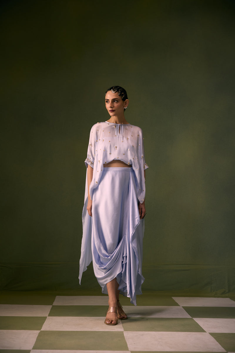 Nexa Ice Blue Antifit Top with Wrap Skirt vegan satin, organza satin indo-western by PRAHNAAYA in sky for women Worldwide