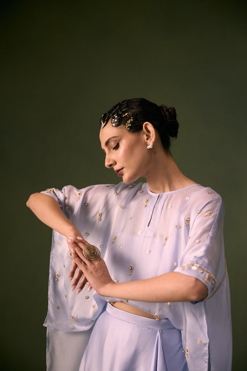 Nexa Ice Blue Antifit Top with Wrap Skirt vegan satin, organza satin indo-western by PRAHNAAYA in sky for women Worldwide