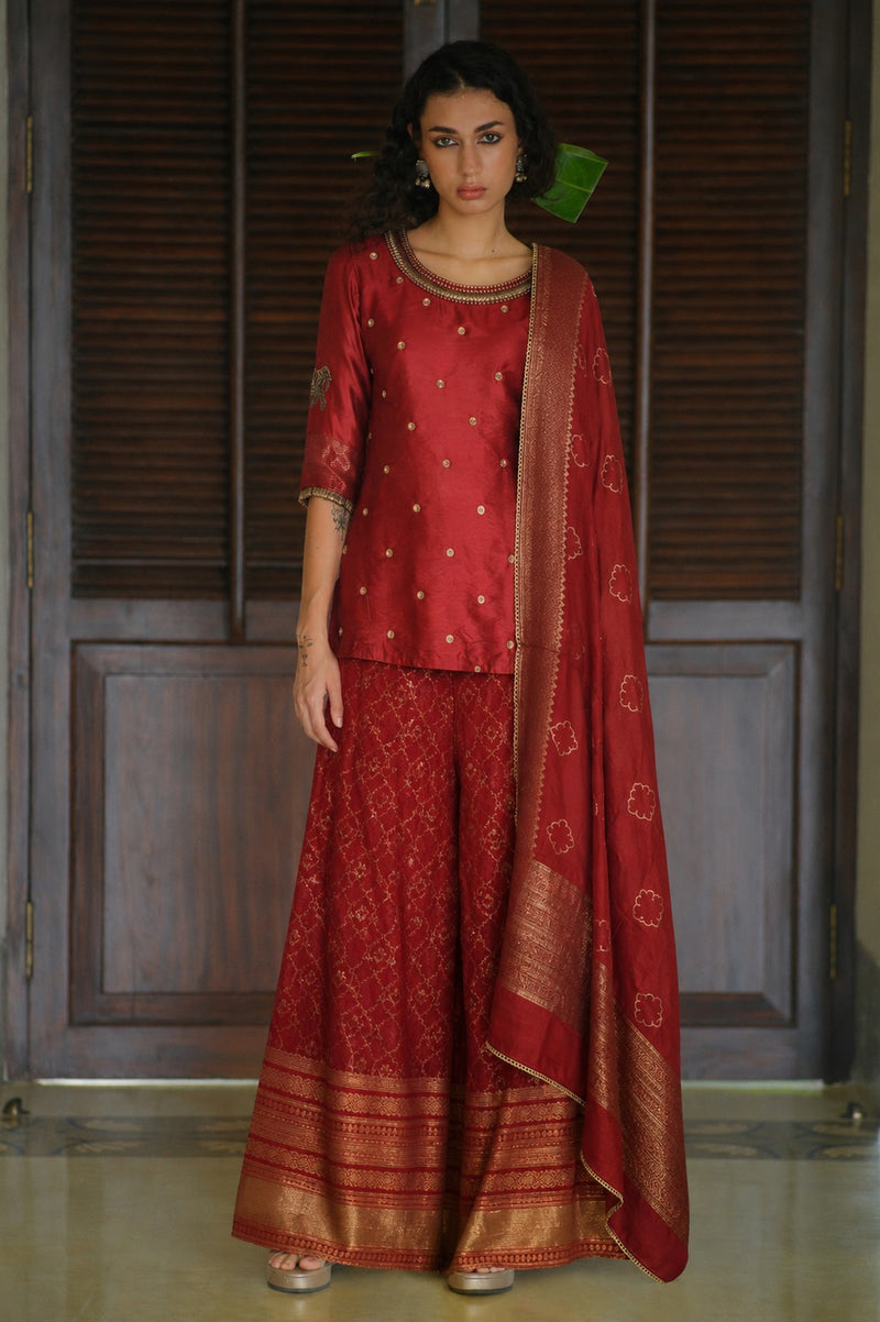 Antara Kurta Set dupion, brocade kurta/kurta set by Myoho in red for women Worldwide
