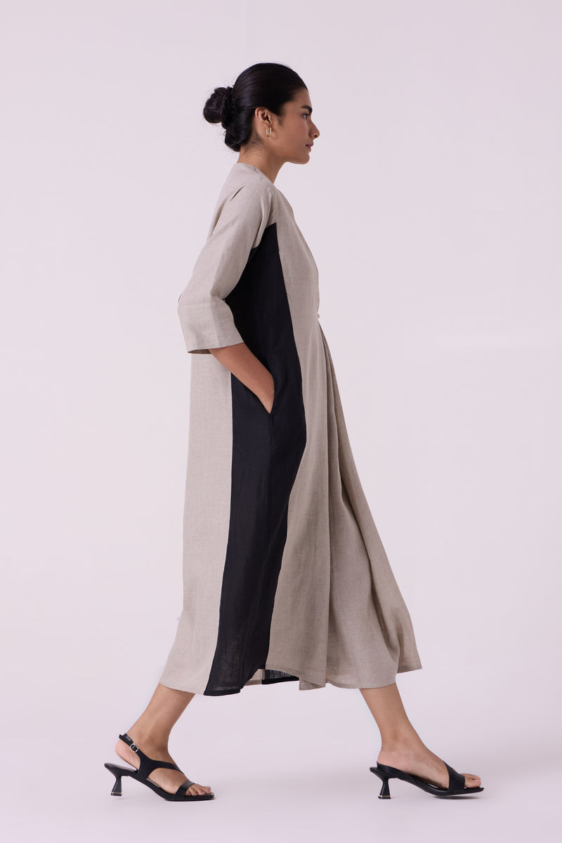 Kaku Beige Linen Panelled Midi Dress linen dress by The Summer House in beige for women Worldwide